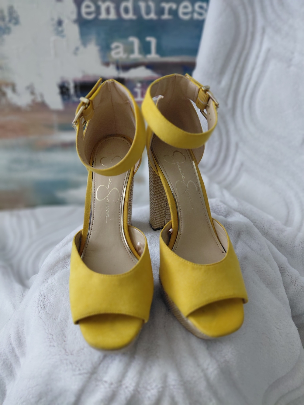 Jessica Simpson Yellow Suede Platform Ankle-Strap Heels - Picture 2 of 3